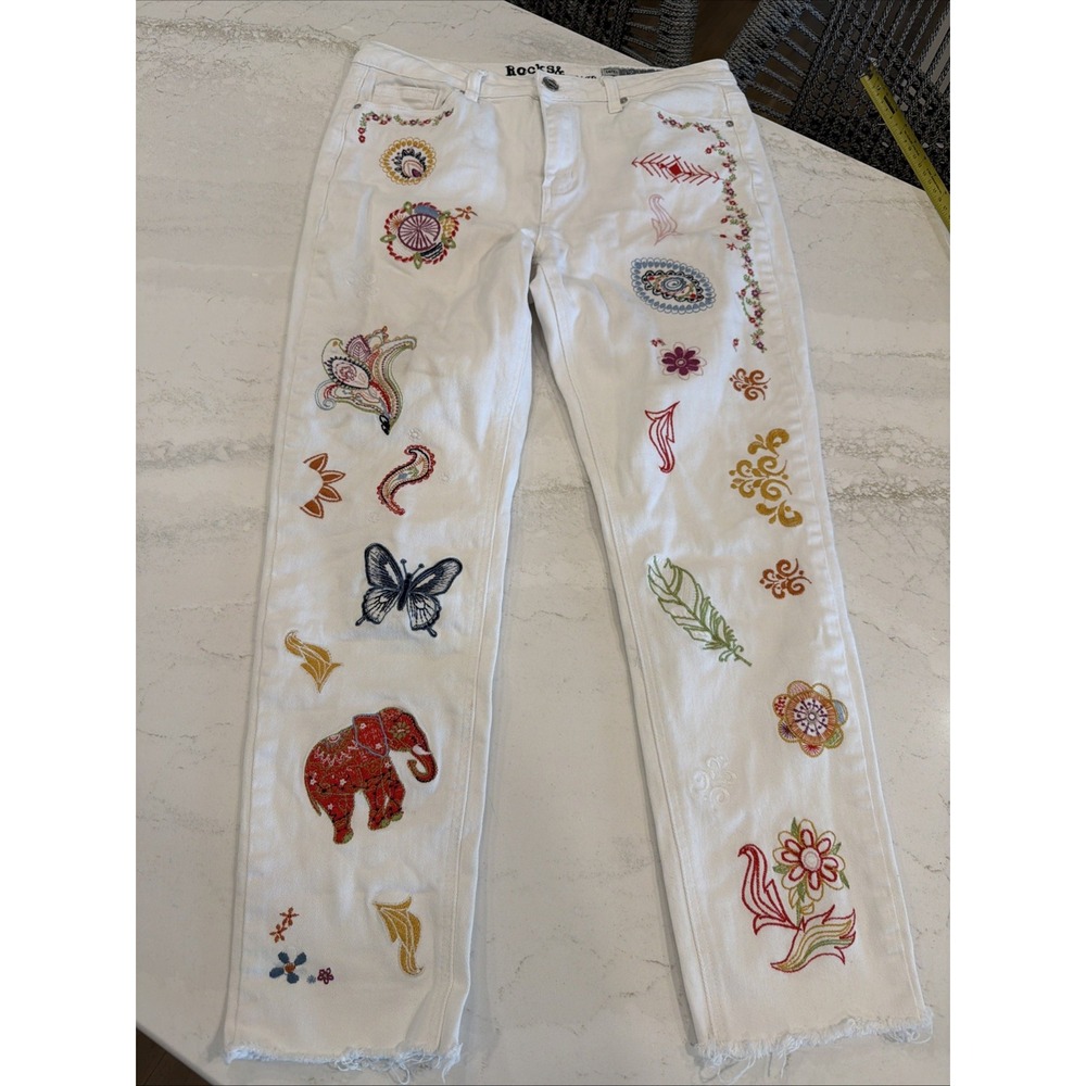 Rocks & Indigo Jeans Embroidered Nature Raw Hem Women's Size Waist Size 14/31